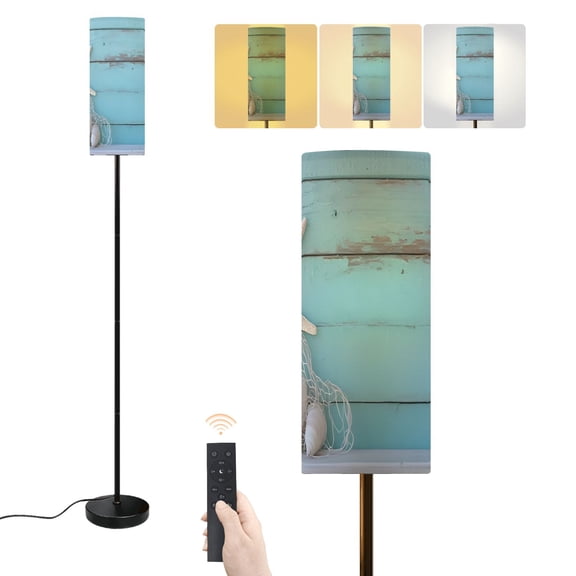 Floor Lamp Starfish Shell Teal Beach Nature Seashells Fishing Net Weathered Wood Dimmable Modern Standing Lamp with Lampshade Remote Footswitch Tall Pole Corner Lamp for Living Room Bedroom Office