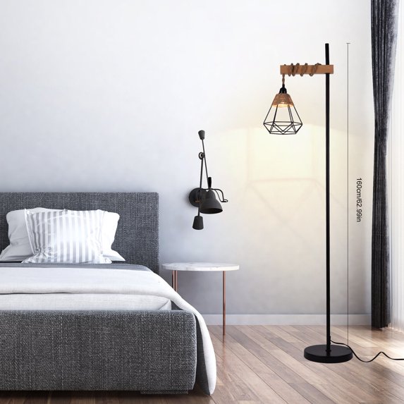 Floor Lamp Stepless Dimmer Black Dimmable Wicker Floor Light Rustic Adjustable Tall Standing Lamp with Rattan Lampshade