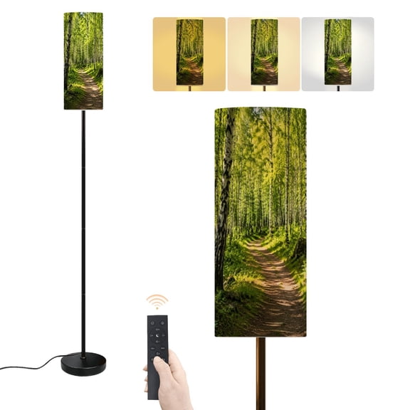 Floor Lamp Sunlit Birch Forest Green Woodland Dappled Light Mossy Ground Dimmable Modern Standing Lamp with Lampshade Remote Footswitch Tall Pole Corner Lamp for Living Room Bedroom Office