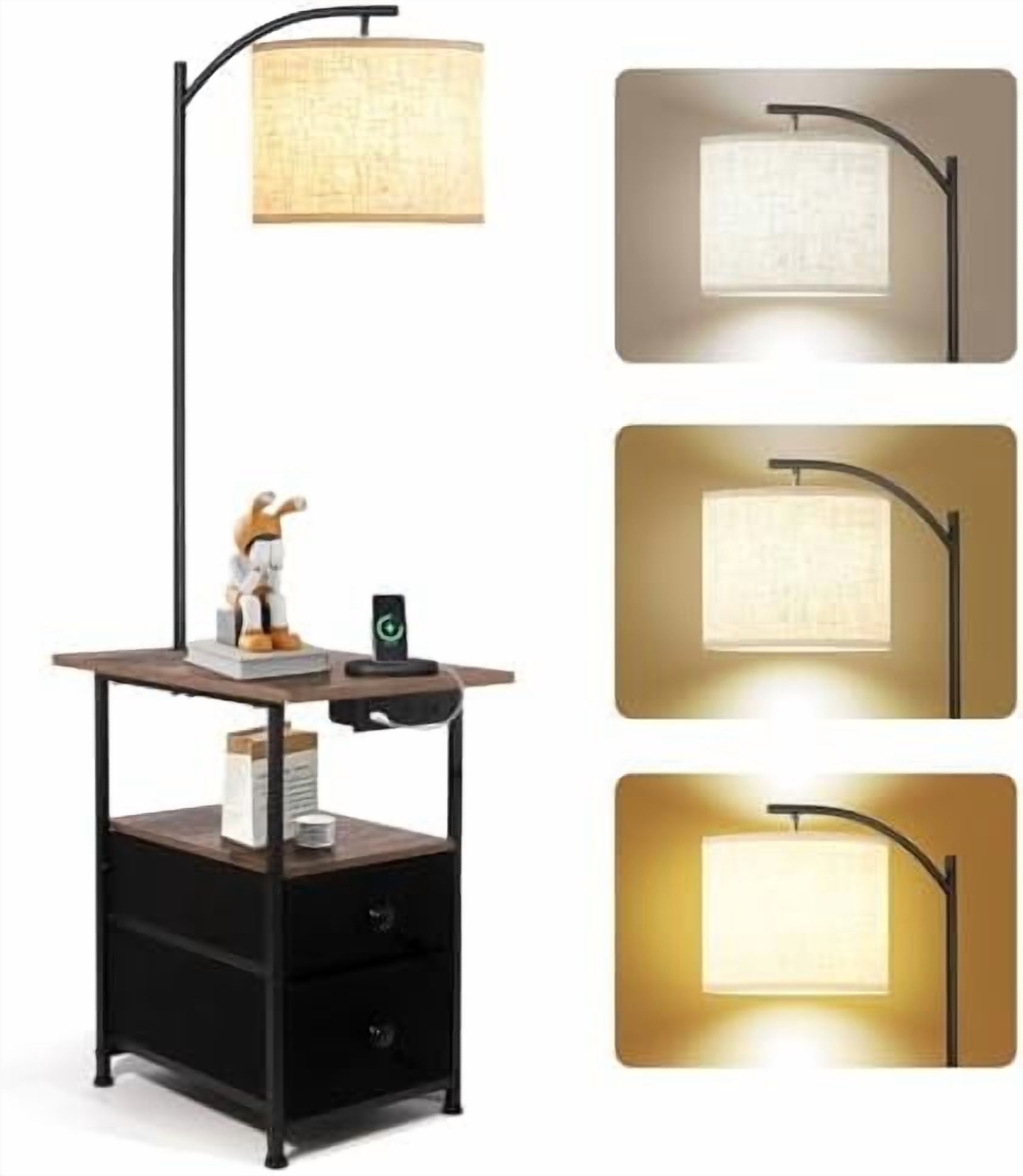 Floor Lamp with Table & 2 Drawers, End Table with 3 Color Temperature Reading Light, Side Table Lamp with USB & Type C & AC Charging Port for Bedoom, Home Office