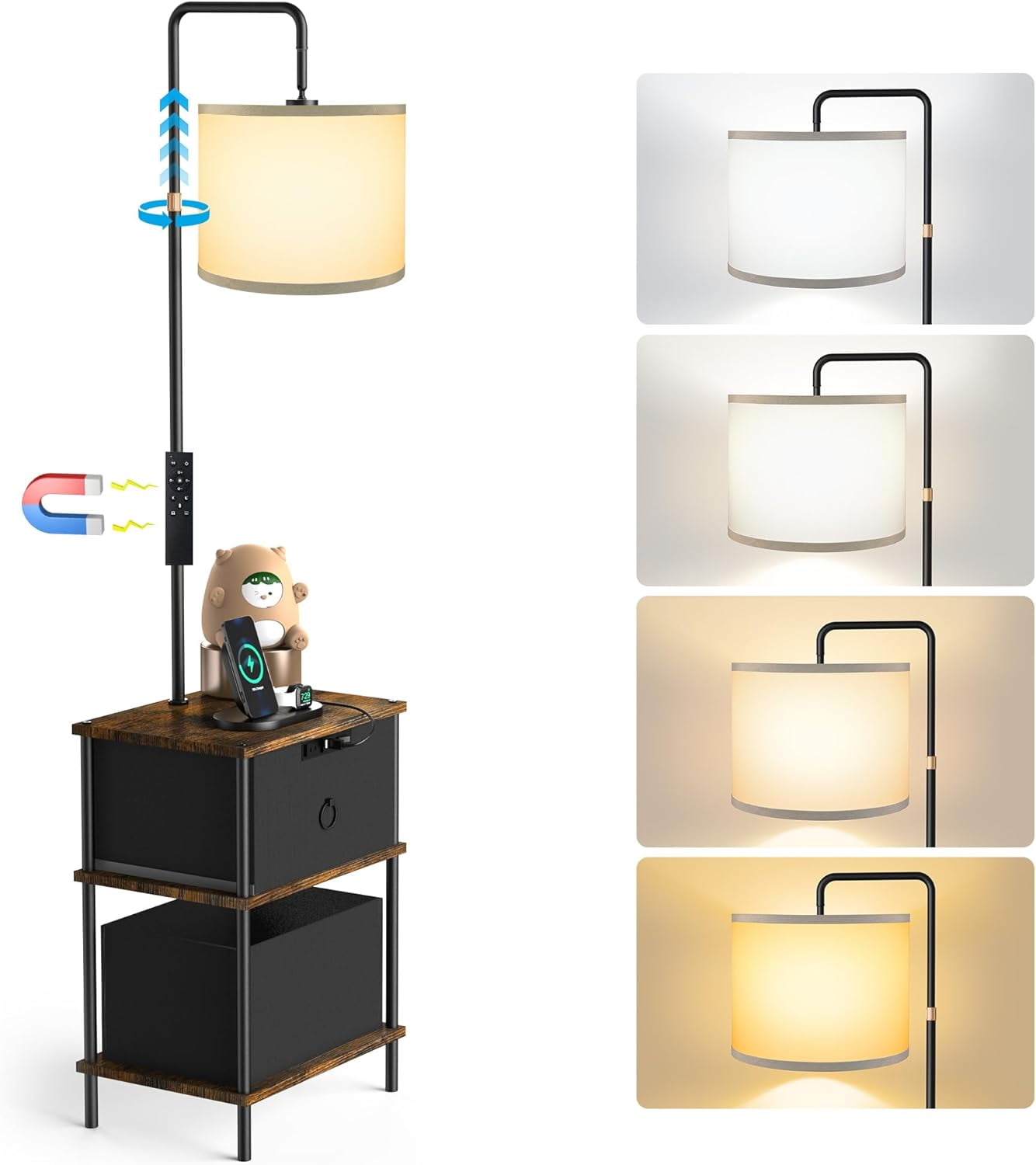 Floor Lamp with Table & 2 Drawers, Height Adjustable End Table lamp with USB Ports and Outlet, Magnetic Remote Control and Stepless Colors & Brightness Floor lamp for Bedroom, Living Room, Home Office