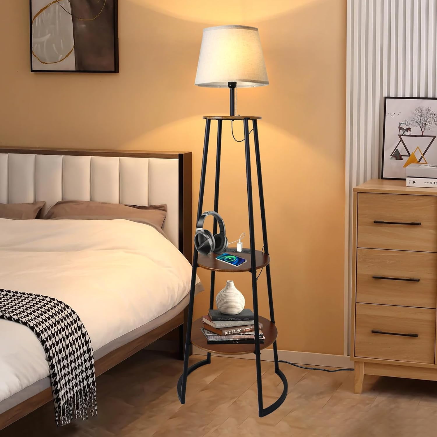 Floor Lamp with Table, 64 inch Metal Frame and Solid Shelf, Corner Floor Lamp with Charging Station and Wireless Charge, Floor Lamp with Shelves for Living Room, Bedroom, Bulb NOT Included