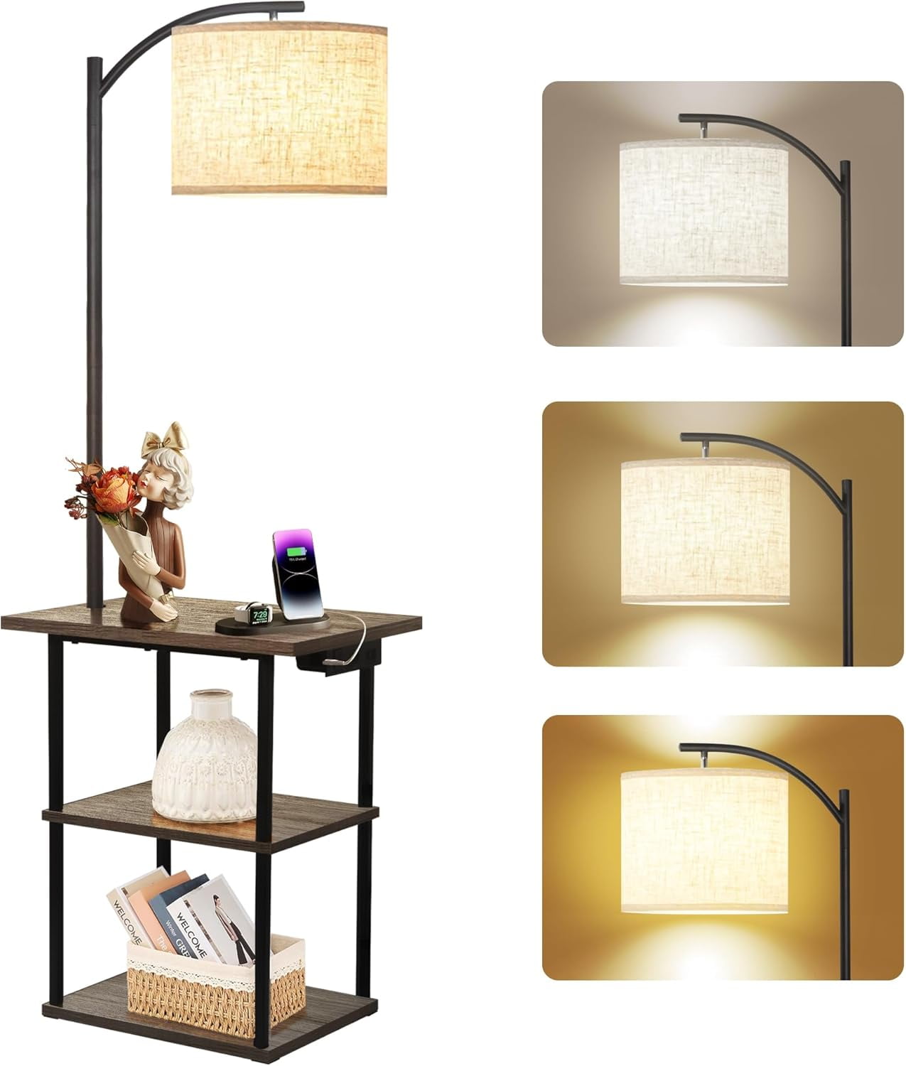Vintage Grey Metal Floor Lamp with Fabric Shade and Charging Station