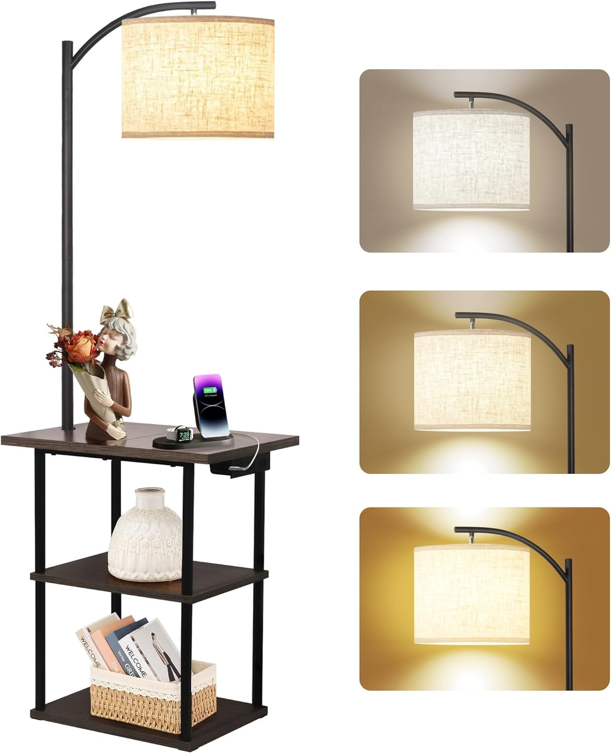 Floor Lamp with Table, End Table with Charging Station(USB & Type-C & AC Port), 3 Color Temperatures 9W LED Bulb, Modern Shelves Side Table for Bedroom, Living Room (Rustic Brown)
