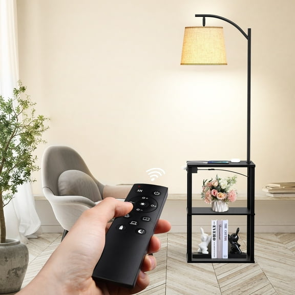 Floor Lamp with Table, End Table with Charging Station(USB & Type-C & AC Port), 3 Color Temperatures 9W LED Bulb, Modern Shelves Side Table for Bedroom, Living Room