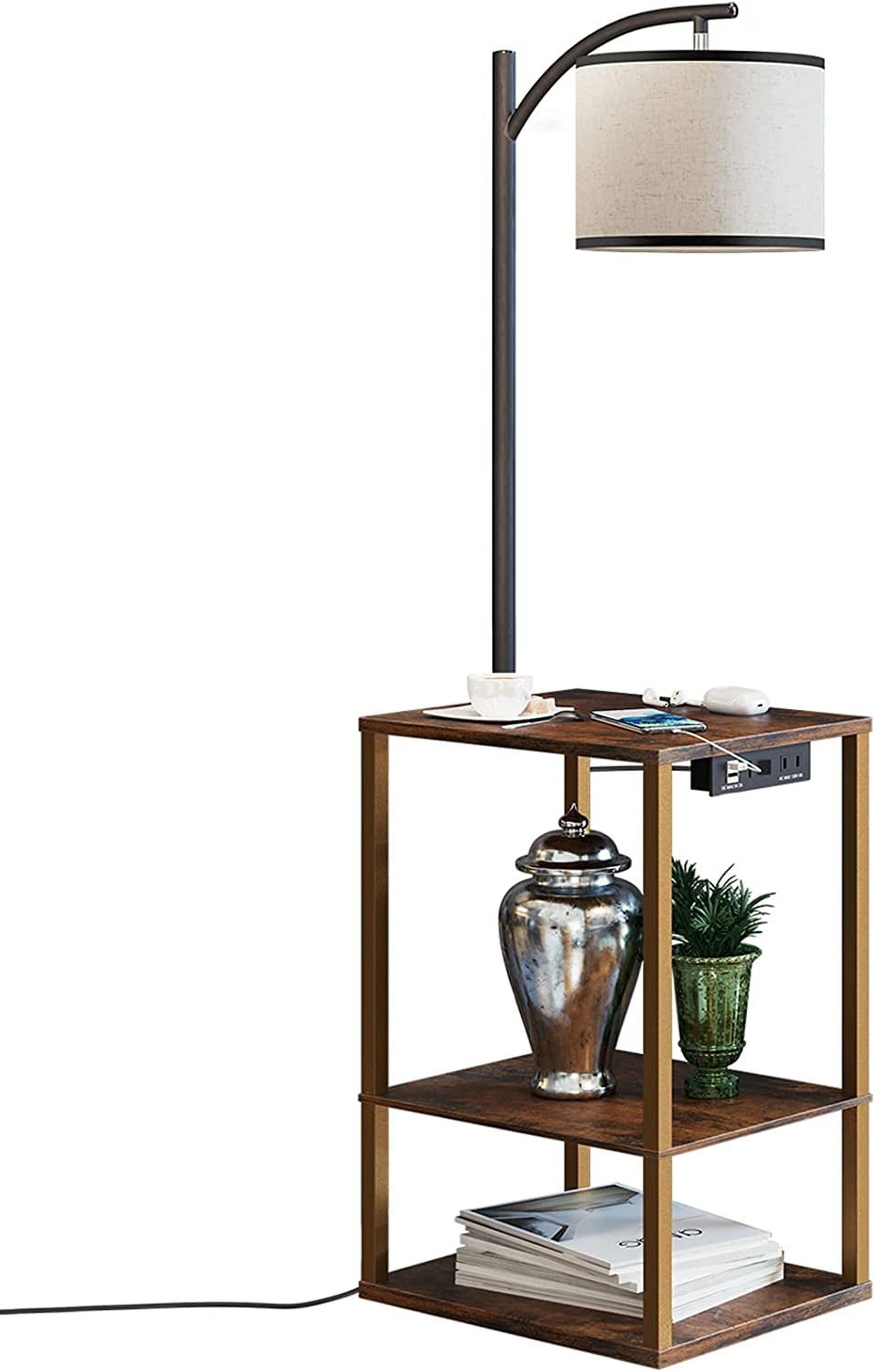 Floor Lamp with Table, End Table with Lamp, Shelves, Charging Station(USB & AC Port), 3-Color Temperature LED Bulb, Side Table Lamps for Living Room, Bedroom, Office, Rustic Brown
