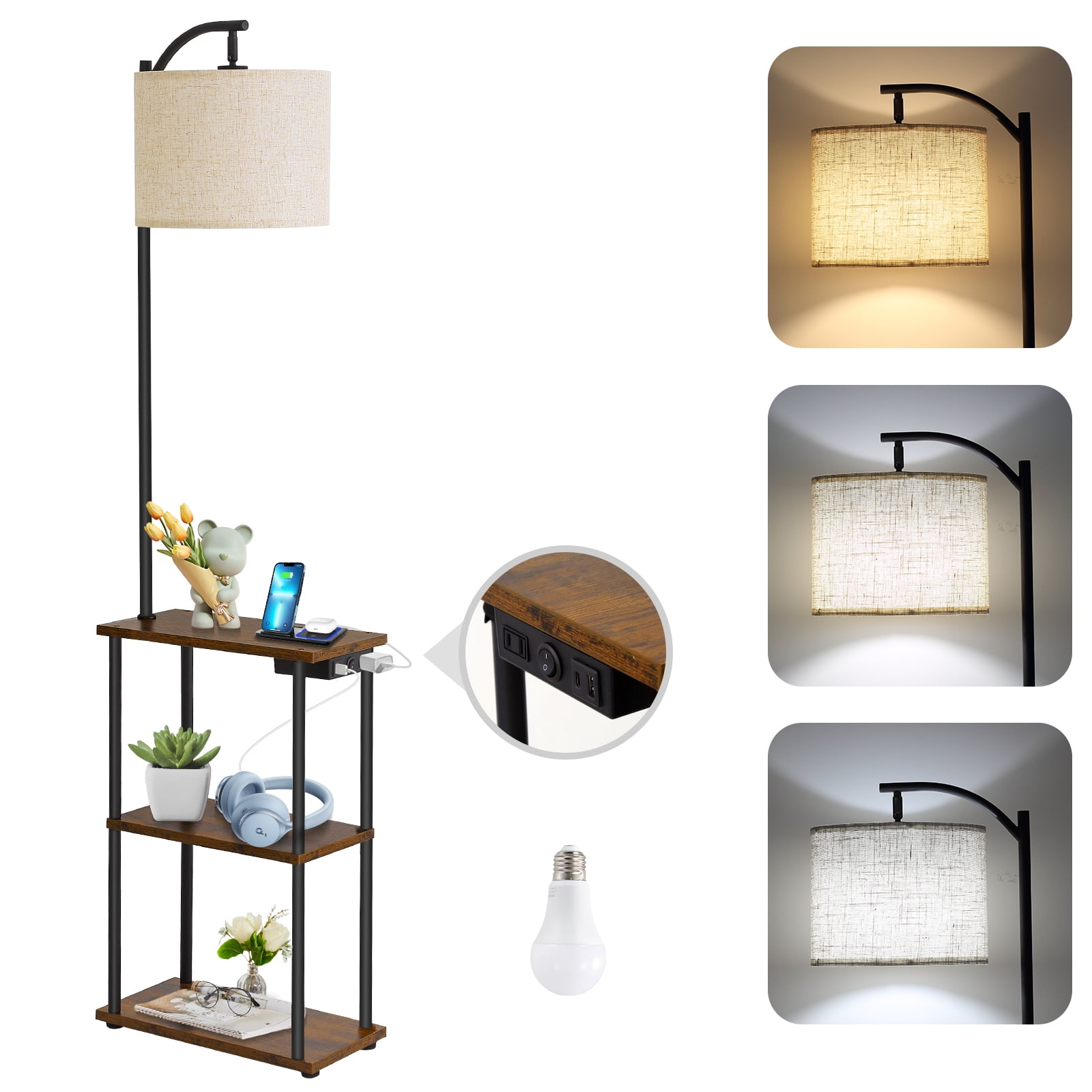 JOPESO Floor Lamp with Table, End Table for Living Room with Lamp & Charging Station(USB & Type-C & AC Port), 3 Color Temperatures LED Bulb