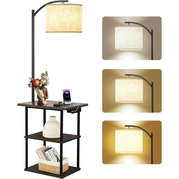 Floor Lamp with Table, End Tables with Charging Station, 3 Color Temperatures 9W LED Bulb, Modern Shelves Side Table for Bedroom, Living RoomRustic Brown