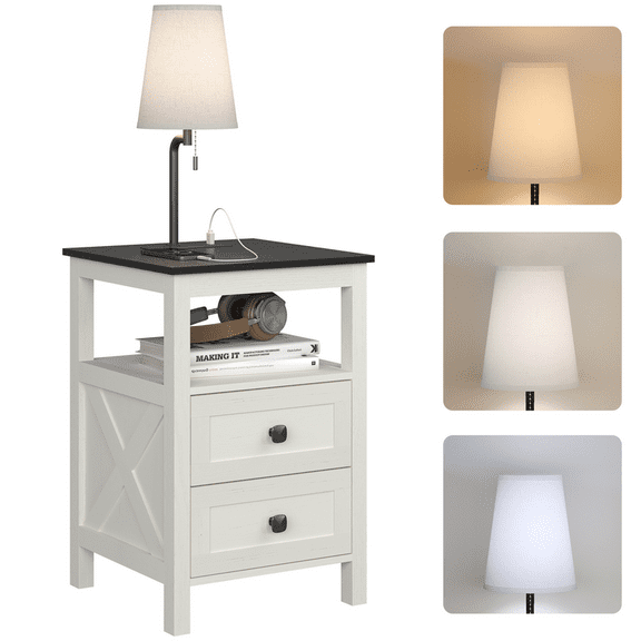 Floor Lamp with Table, Farmhouse Nightstand with Charging Station, Side Table with Lamp, 3 Color Temperatures&2 Wooden Drawers, End Table with Lamp for Bedroom,Living Room,Study Room
