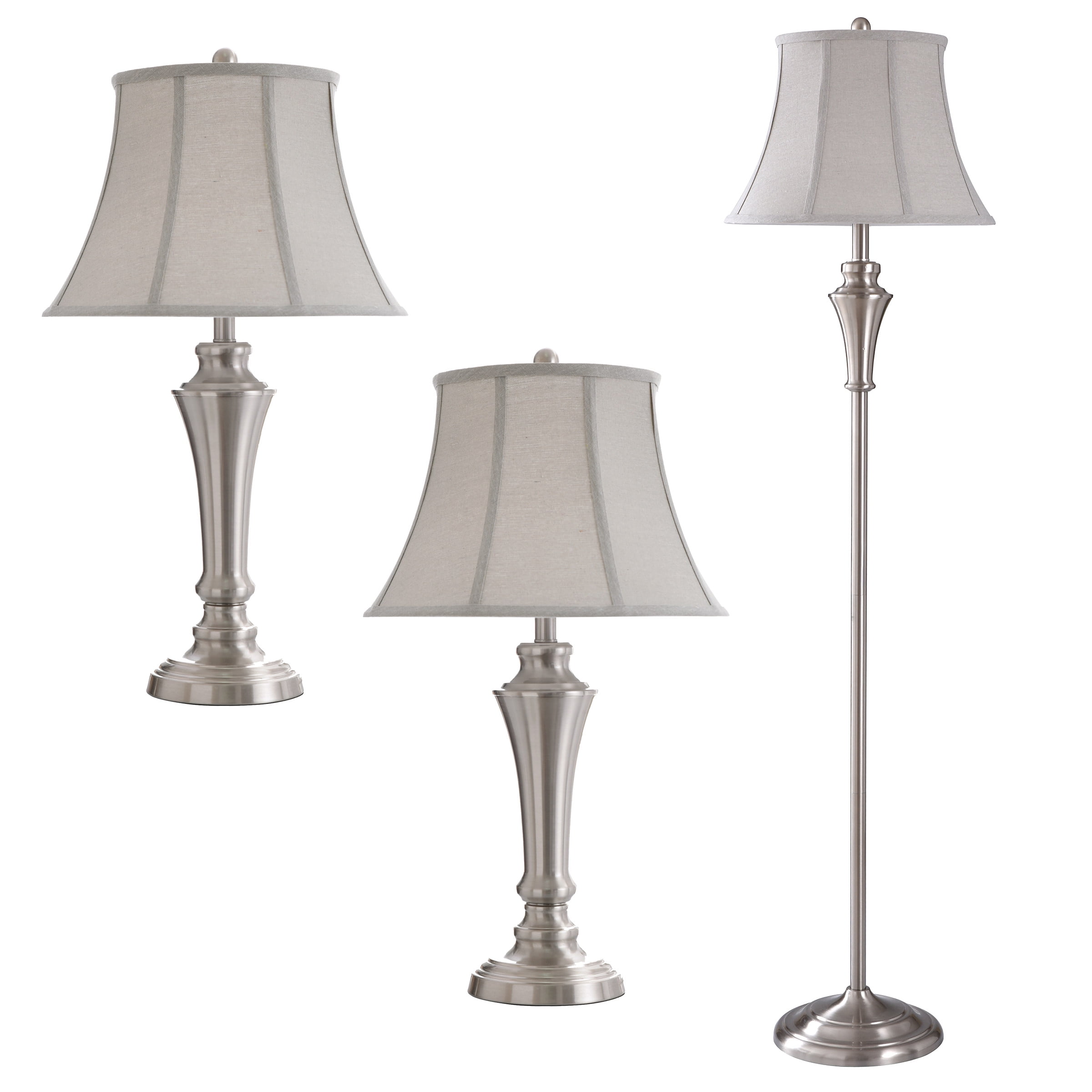 Floor Lamp/Table Lamp Set - 3-Piece Set (2 Table, 1 Floor) - Geneva Taupe  Fabric Shade - Brushed Nickel Finish