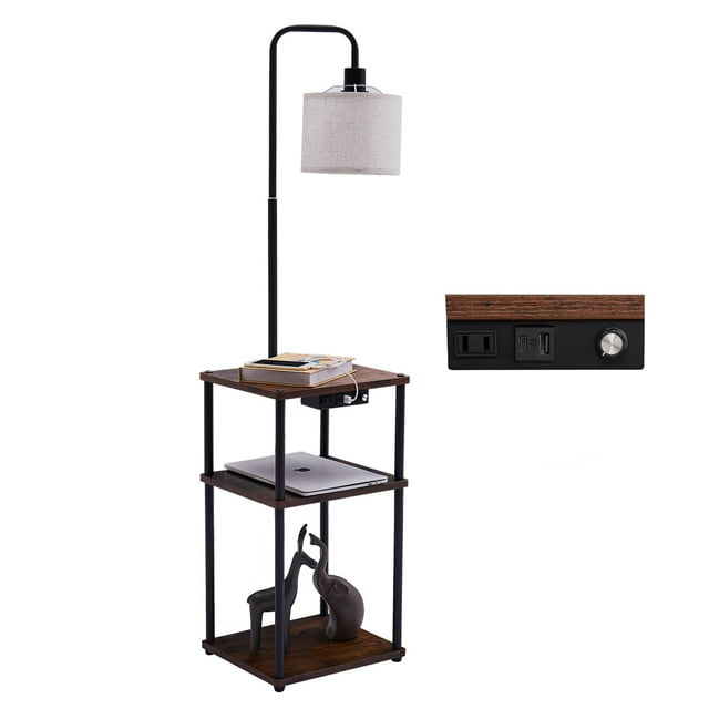 Rustic Floor Lamp with Table, LED Bulb, USB/TypeC/AC Charging, Sturdy Shelves
