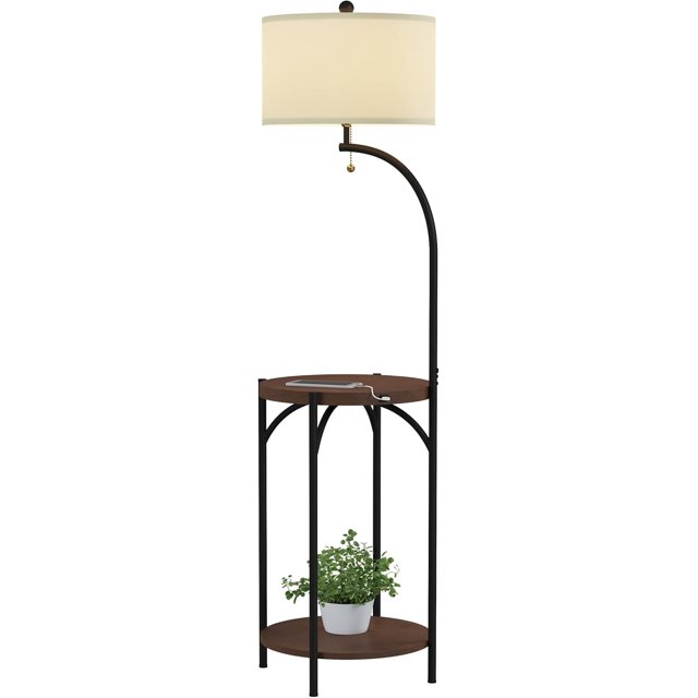 Floor Lamp with Table Modern Rustic Side Table with USB Charging Port