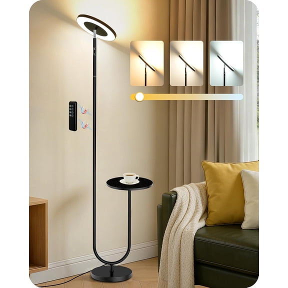 Floor Lamp with Table, Modern Standing Lamp with Shelf and Coat Rack, 3 Color Temperature Bulb Included, Side Table Floor Lamp for Living Room Bedroom Corner