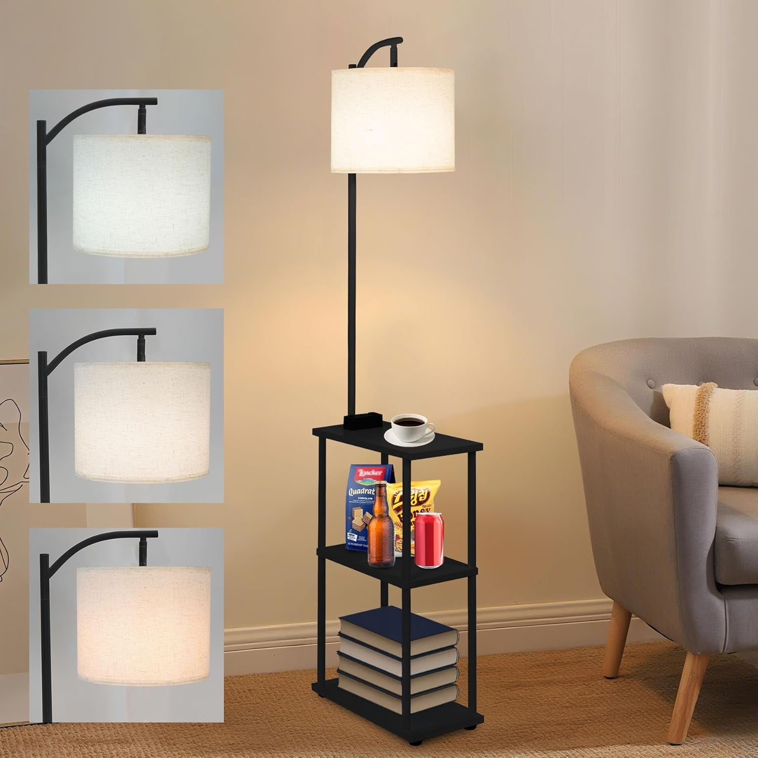 Floor Lamp with Table, Narrow Side Table with Fabric Basket, USB-A/USB-C Charging Station and AC Port, 3 Color Temperatures 12W LED Bulb, End Table for Bedroom, Living Room and Home Office, Brown