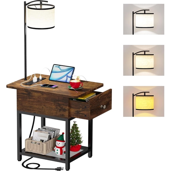 Floor Lamp with Table, Side Table with Lamp Attached, Narrow End Table with LED Lights and Station, Nightstand with Drawer for Living Room, Bedroom, Rustic Brown