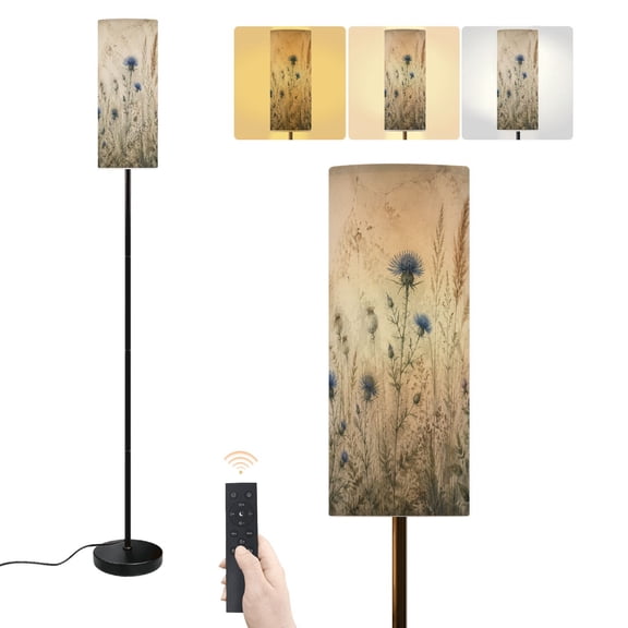 Floor Lamp Vintage Botanical Wall Art Blue Thistles Dried Grasses Plaster Dimmable Modern Standing Lamp with Lampshade Remote Footswitch Tall Pole Corner Lamp for Living Room Bedroom Office