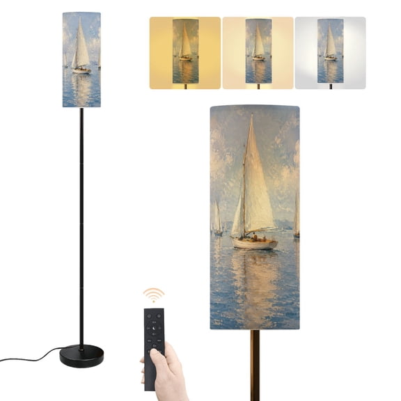 Floor Lamp Vintage Sailboat Retro Coastal Landscape Rustic Nautical Blue Seascape Dimmable Modern Standing Lamp with Lampshade Remote Footswitch Tall Pole Corner Lamp for Living Room Bedroom Office