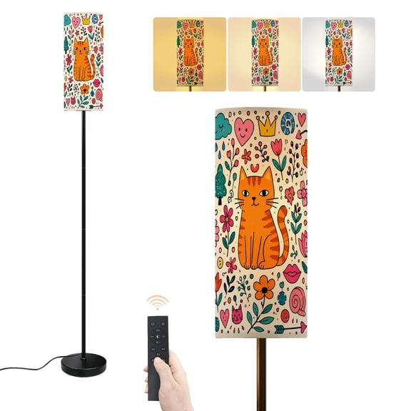 Floor Lamp Whimsical Cats Flowers Hearts Illustrative Bright Colors Dimmable Modern Standing Lamp with Lampshade Remote Footswitch Tall Pole Corner Lamp for Living Room Bedroom Office