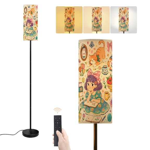 Floor Lamp Whimsical Cute Home Decor Doodle Cat Flowers Teapot Cozy Objects Dimmable Modern Standing Lamp with Lampshade Remote Footswitch Tall Pole Corner Lamp for Living Room Bedroom Office
