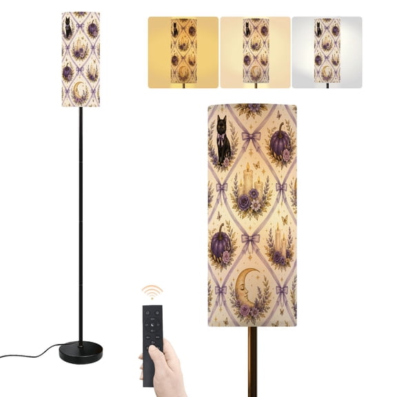 Floor Lamp Whimsical Halloween Black Cat Purple Pumpkins Moon Candles Dimmable Modern Standing Lamp with Lampshade Remote Footswitch Tall Pole Corner Lamp for Living Room Bedroom Office