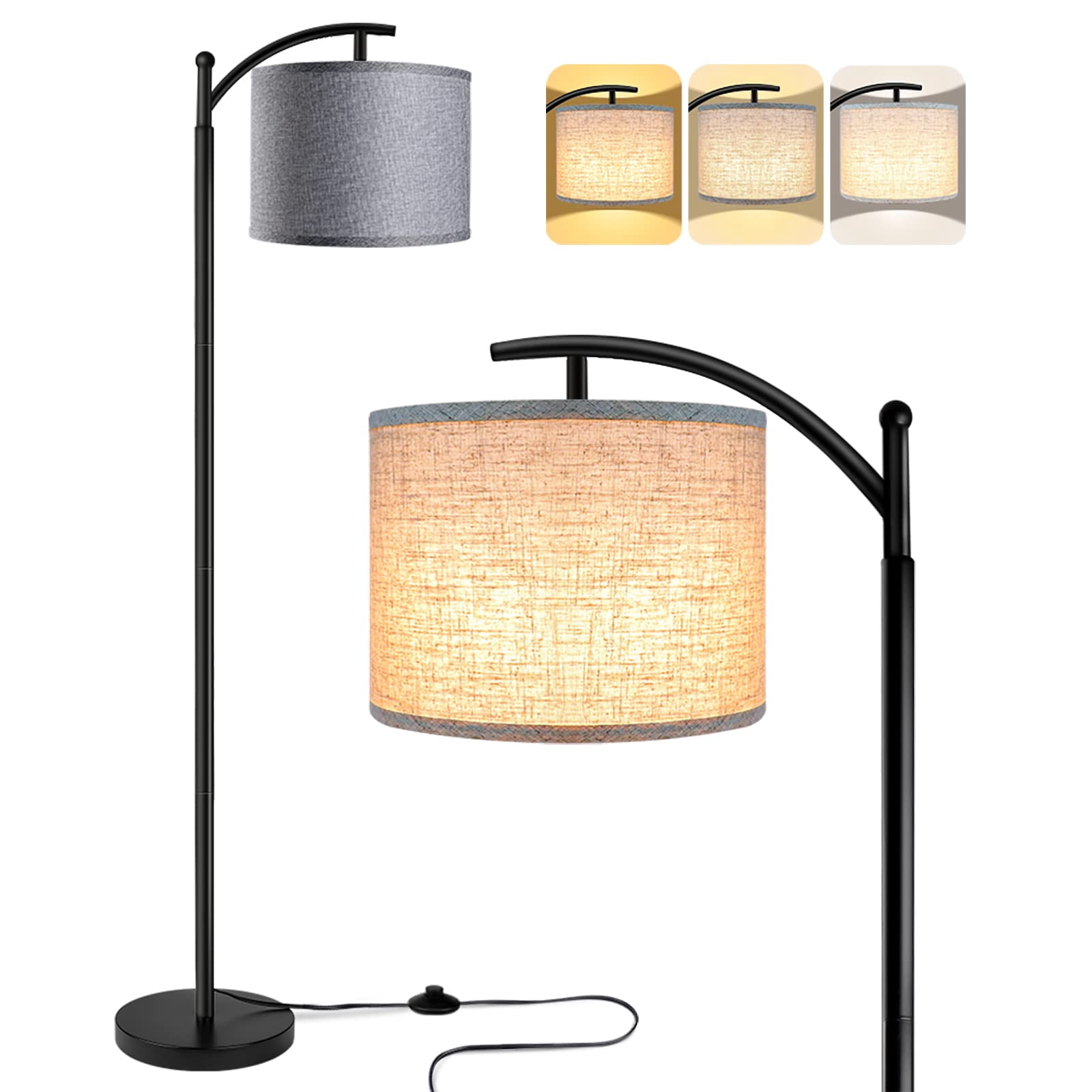 Floor Lamp With 3cct Led Bulb  Gray Linen Shade For Living Room Modern Standing Bedrooms - Black