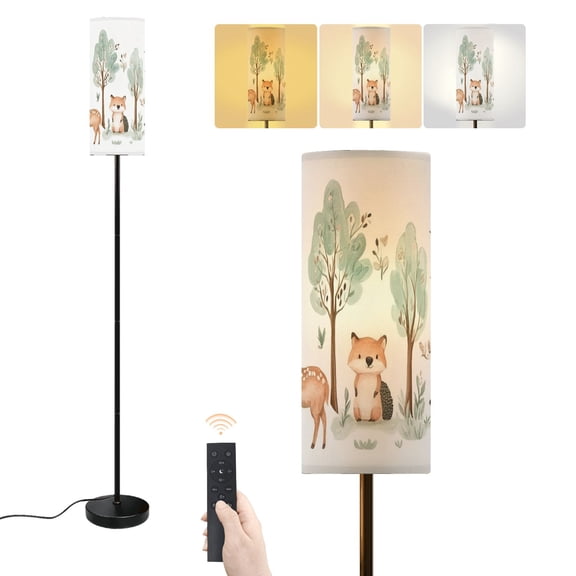 Floor Lamp Woodland Animal Cute Wild Animals Fox Bear Deer Trees Fawn Hedgehog Dimmable Modern Standing Lamp with Lampshade Remote Footswitch Tall Pole Corner Lamp for Living Room Bedroom Office