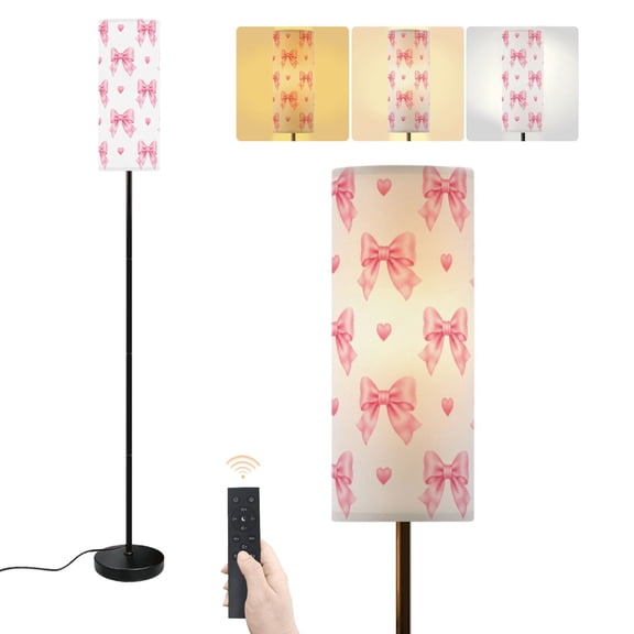 Floor Lamp cute coquette aesthetic seamless pink ribbon bow white Dimmable Modern Standing Lamp with Lampshade Remote Footswitch Tall Pole Corner Lamp for Living Room Bedroom Office