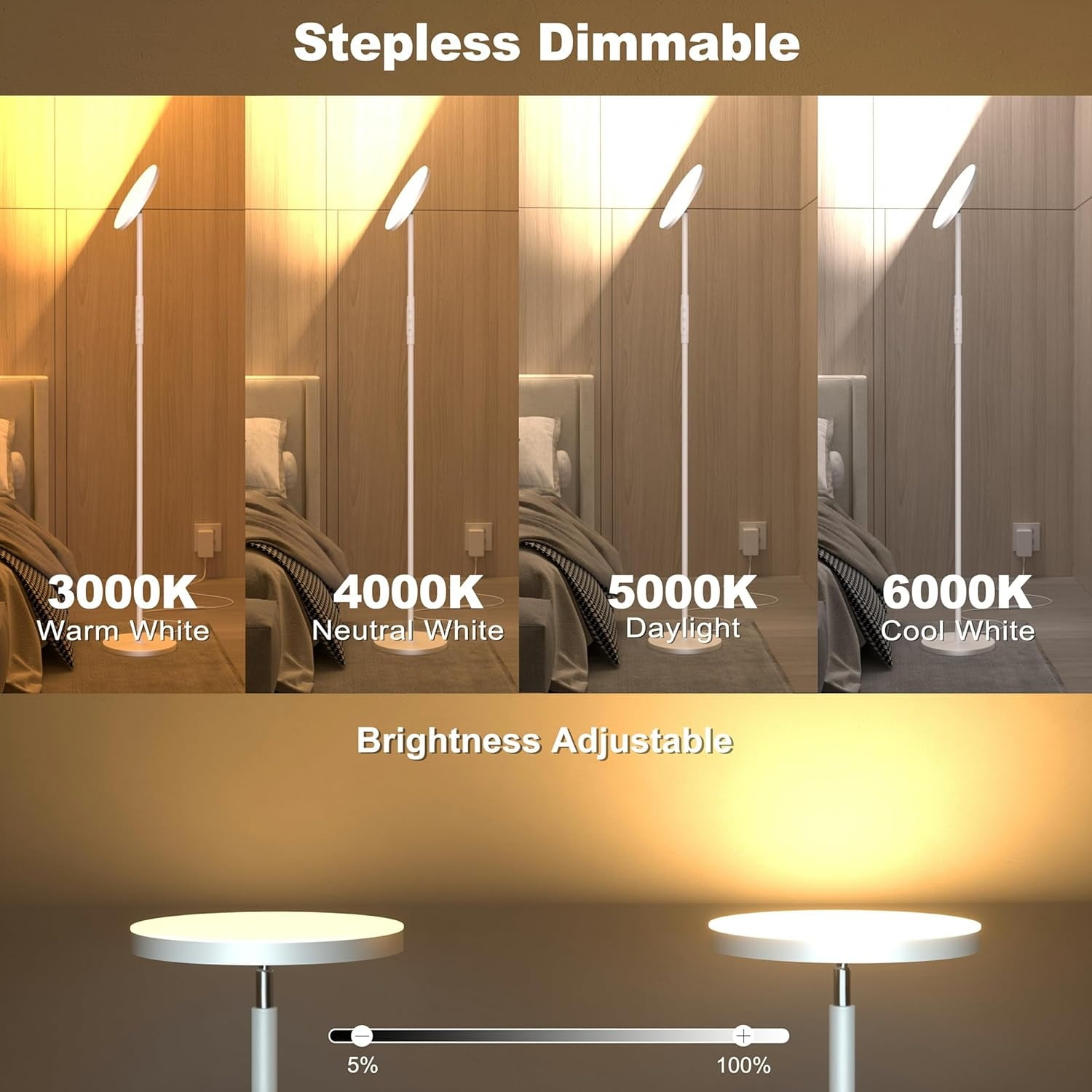 Floor Lamp for Living Room, Stepless Dimmable LED Standing Lamp with Remote and Touch Control, 69” Tall Corner Lamp for Bedroom Office Hotel, White