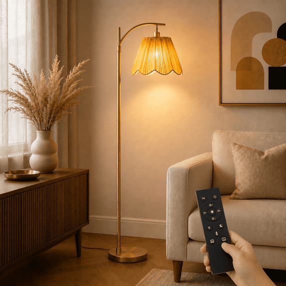 67" Arc Floor Lamp for Living Room,Rattan Boho Floor Lamp with Remote Control,3 Color Temperature Dimmable Standing Lamp Tall Pole Lamps for Bedroom,Gold,Bulb Included