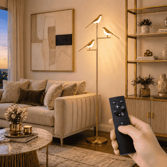 74" Floor Lamp for Living Room,3 Bird Floor Lamp with Remote Control,Dimmable Standing Lamp Tall Pole Lamps for Bedroom,Gold,Bulb Included