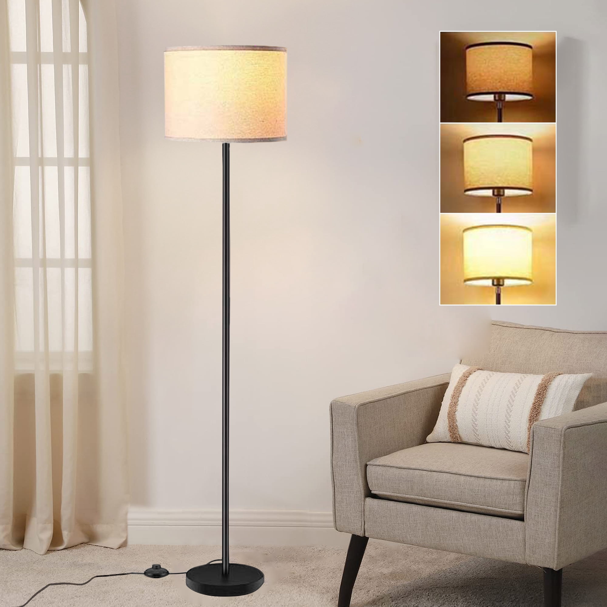 Floor Lamp for Living Room, Tall Standing Lamp with 3 Color Temperatures, Foot Switch, Modern Metal Pole with Line Shade for Bedroom, Office