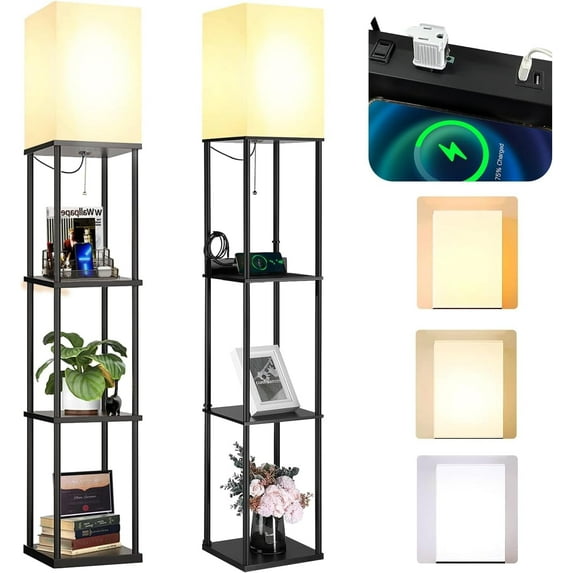 Floor Lamp w. Shelves Including 2AC Outlets & 2USB Ports 9W LED Light Bulb 3 Color Temperature Soft/Cool/Daylight White for Living Room/Bedroom (2PK)