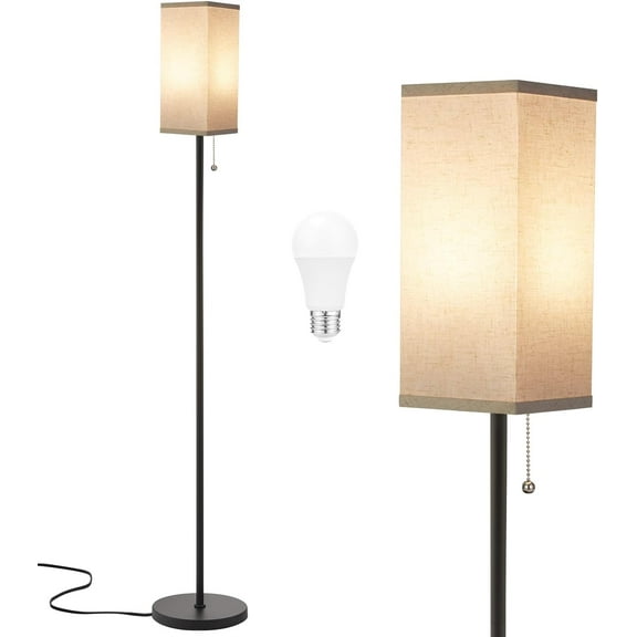 Floor Lamp with 3 Color Temperatures, Pull Chain Switch, 64" Standing Lamp, Beige Square Shade, Black Pole