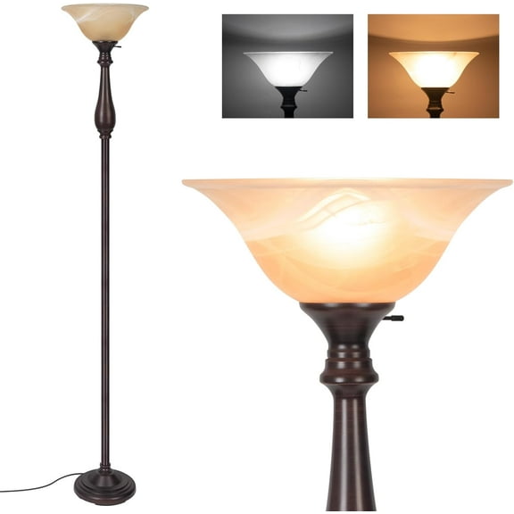 Floor Lamp with Alabaster Glass Bowl Shade, 72 Inch Tall Torchiere, Dark Brown, Brushed Nickel