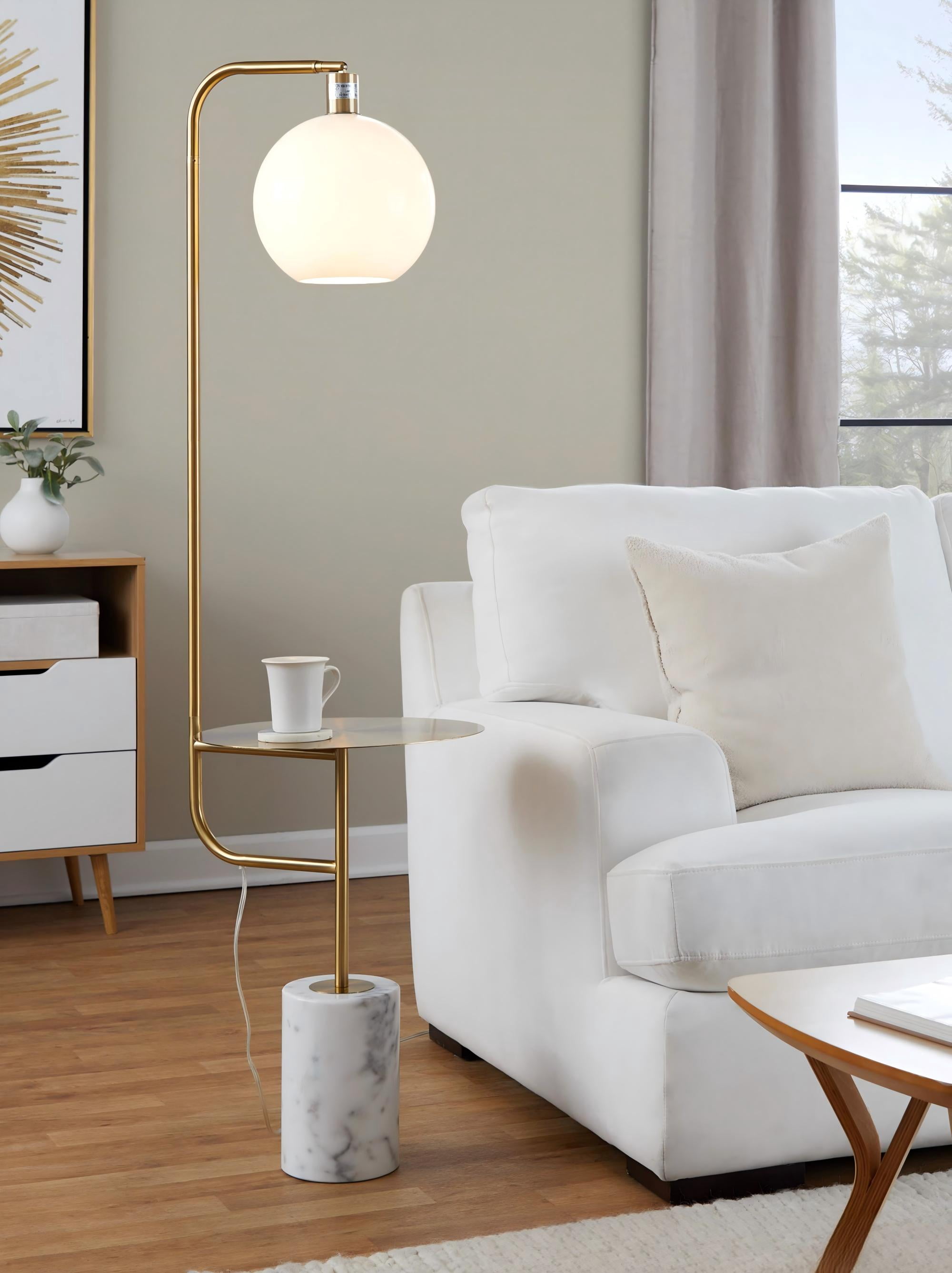 Floor Lamp with Gold Metal Side Table and White Marble Base