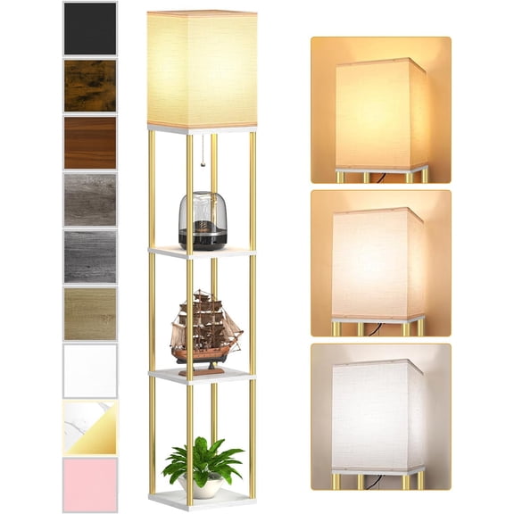 Floor Lamp with Shelves Modern Corner Display Tower Stand White Linen Shade Marble White and Gold Finish