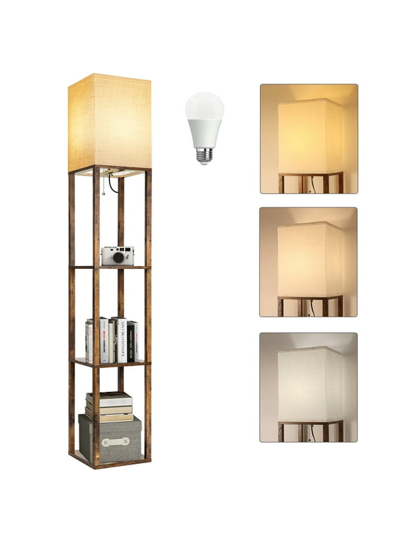 Floor Lamp with Shelves, Modern Dimmable Solid Wood Standing Lamp for Living Room and Bedroom
