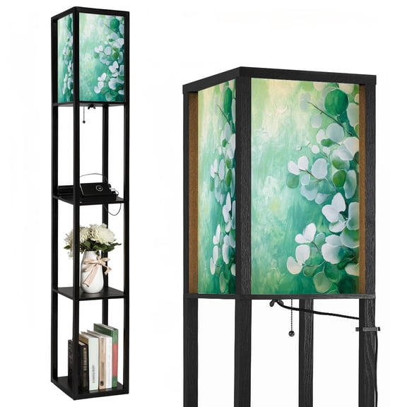 Floor Lamp with Shelves,Modern Dimmable Standing Lamp Boho Green Corner Display Bookshelf Lamp with 2 USB & 1 Power Outlet for Living Room & Bedroom