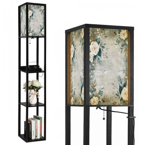 Floor Lamp with Shelves,Modern Dimmable Standing Lamp Floral Corner Display Bookshelf Lamp with 2 USB & 1 Power Outlet for Living Room & Bedroom