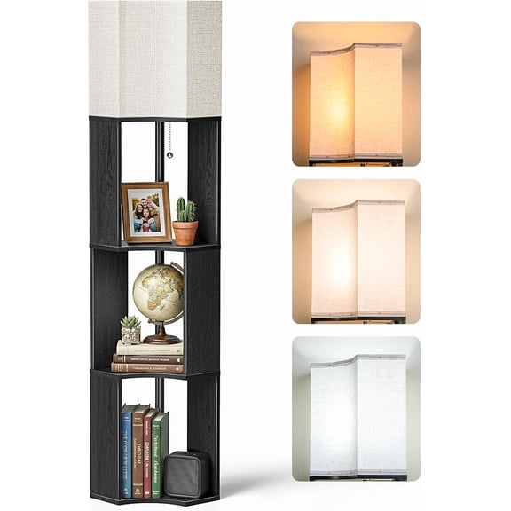 Floor Lamp with Shelves, Modern Wood Corner Storage Bookshelf Lamp for Living Room, LED Bulb Included,Display Light