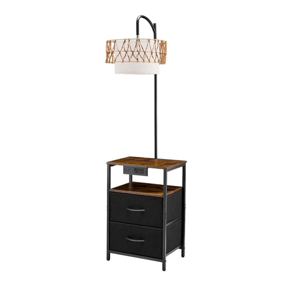 Floor Lamp with Table, 2-Tier End Table with Drawers, LED Bulb, USB Charging Ports