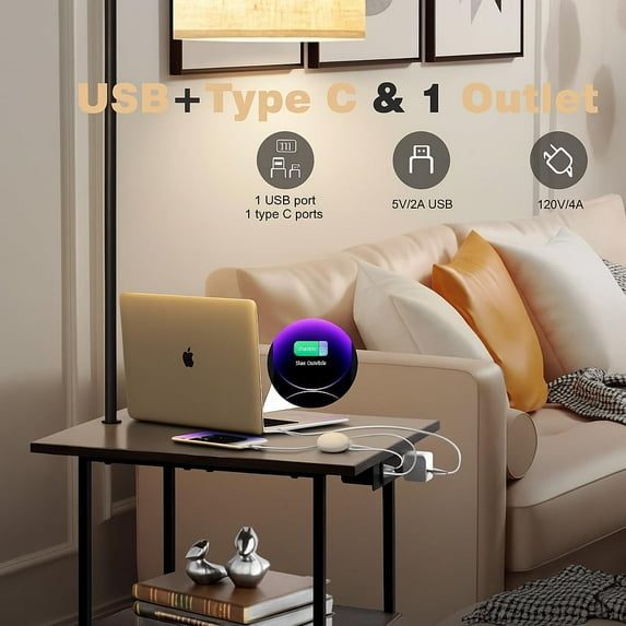 Floor Lamp with Table, Charging Station, 3 Color Temperatures, Modern Side Table for Bedroom Living Room