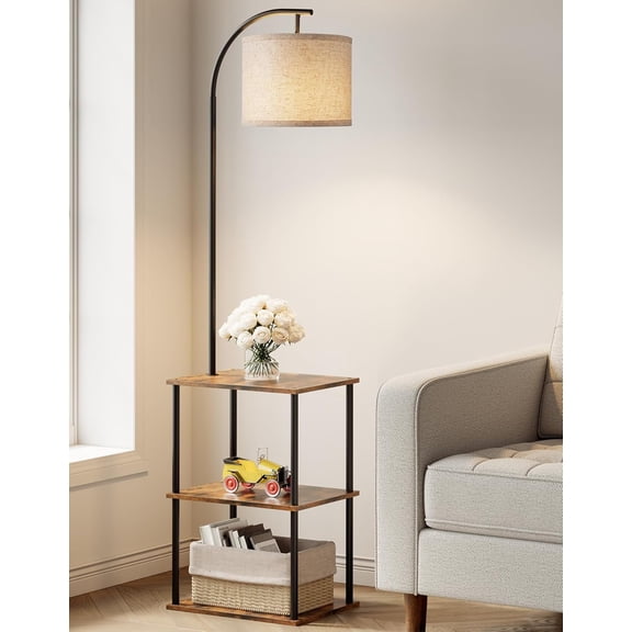 Floor Lamp with Table, Narrow Side Table with 3-CCT LED Bulb, Small Modern End Table with Storage Shelves, Rustic Brown Bestseling