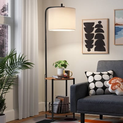 Floor Lamp with Table Natural Wood - : ETL Listed, Linen Shade, Metal Body, 60" Height
