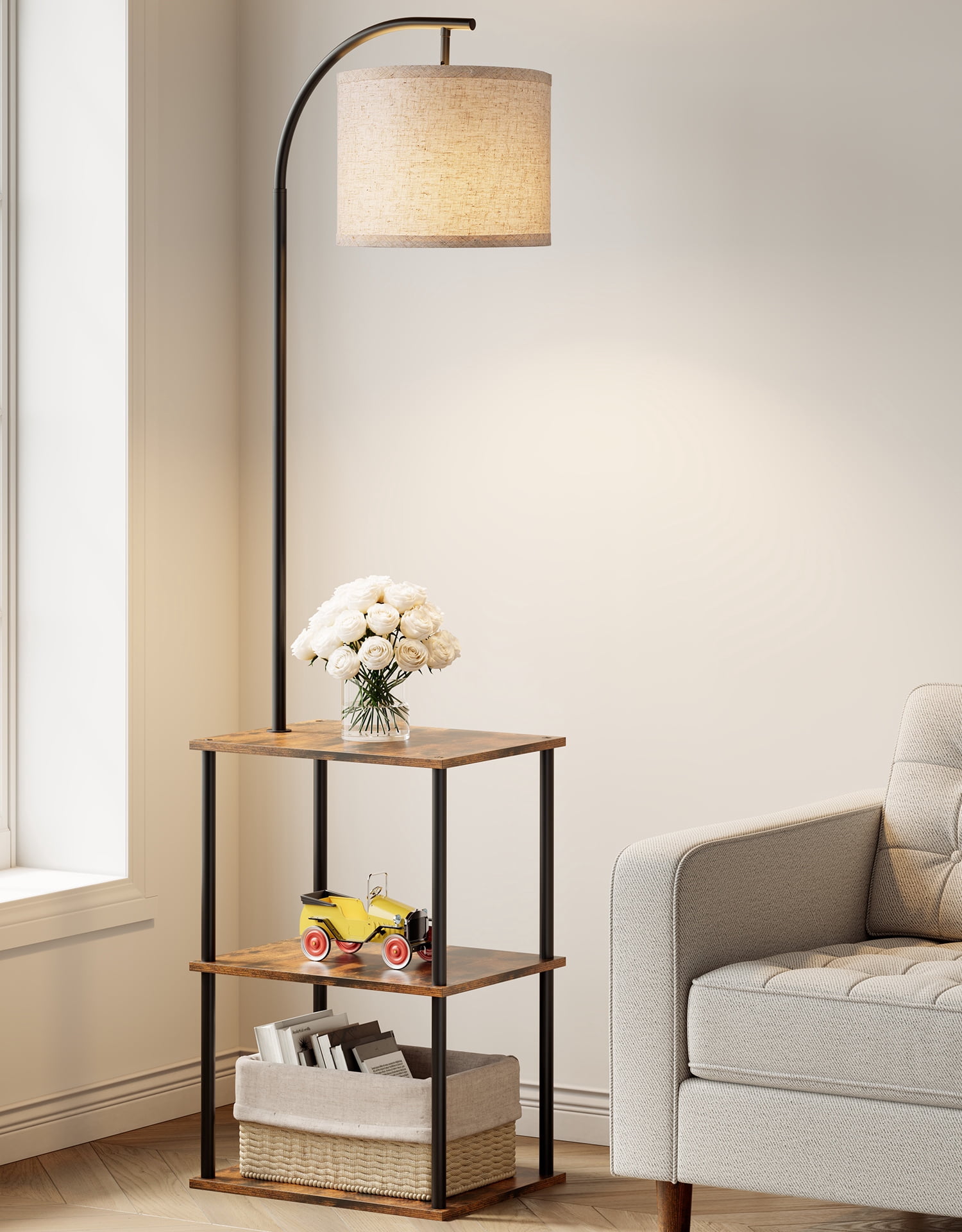 Floor Lamp with Table, Night Stand with Lamp with 3CCT LED Bulb, End Table with Storage Shelves for Home Décor, Rustic Brown