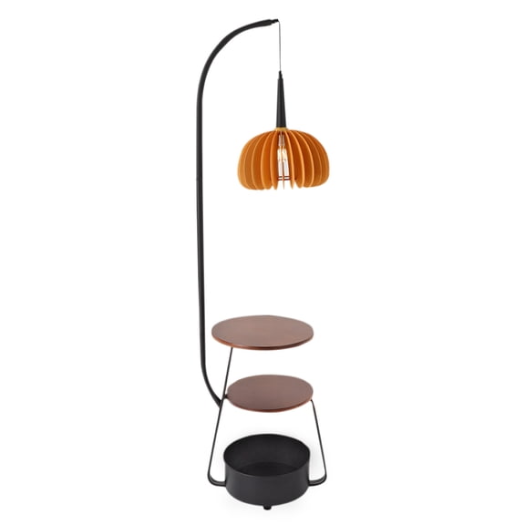 Floor Lamp with Table, Vintage Storage Lamp, 2 Tier Wood Tray Pumpkin Shade, 3 Color Temperatures Full Spectrum Light, for Living Room Bedroom