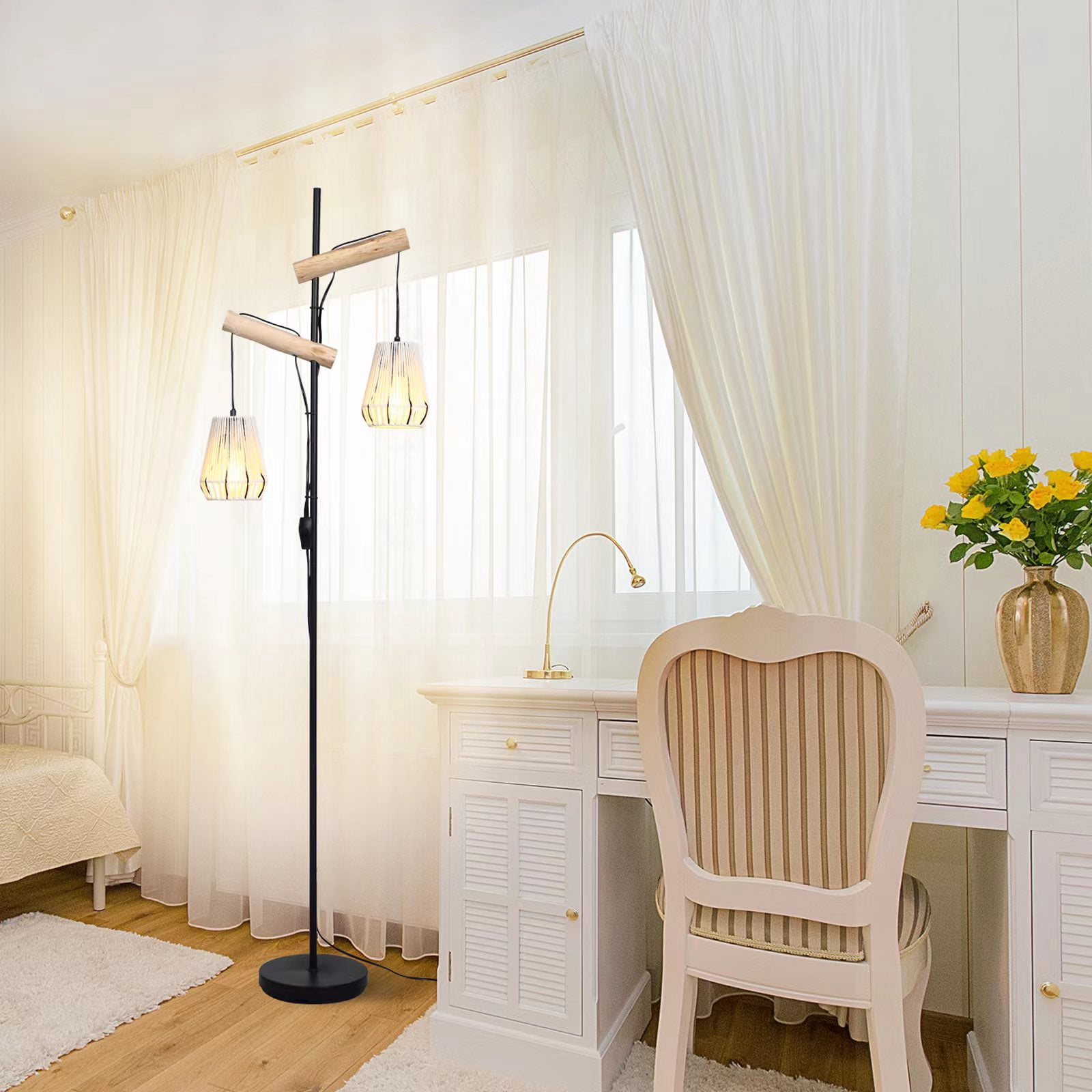 Floor Lamps Boho Farmhouse Hanging Floor Lamp in Natural Cotton Rope,Bohemian 2 Lampshades Handmade Rustic Stylish Floor Lamps for Bedroom Living Room Office Home Décor