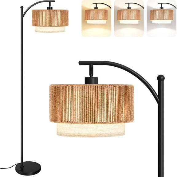 Floor Lamps for Living Room with 12W LED Bulb, Arc Floor Lamp with 3 Color Temperatures, Farmhouse Floor Lamps with Adjustable Rattan & Fabric Shades, Boho Standing Lamp for Bedroom, Corner
