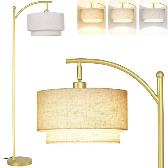 Floor Lamps for Living Room with 12W LED Bulb, Arc Floor Lamp with 3 Color Temperatures, Farmhouse Floor Lamps with Adjustable Rattan & Fabric Shades, Boho Standing Lamp for Bedroom, Corner