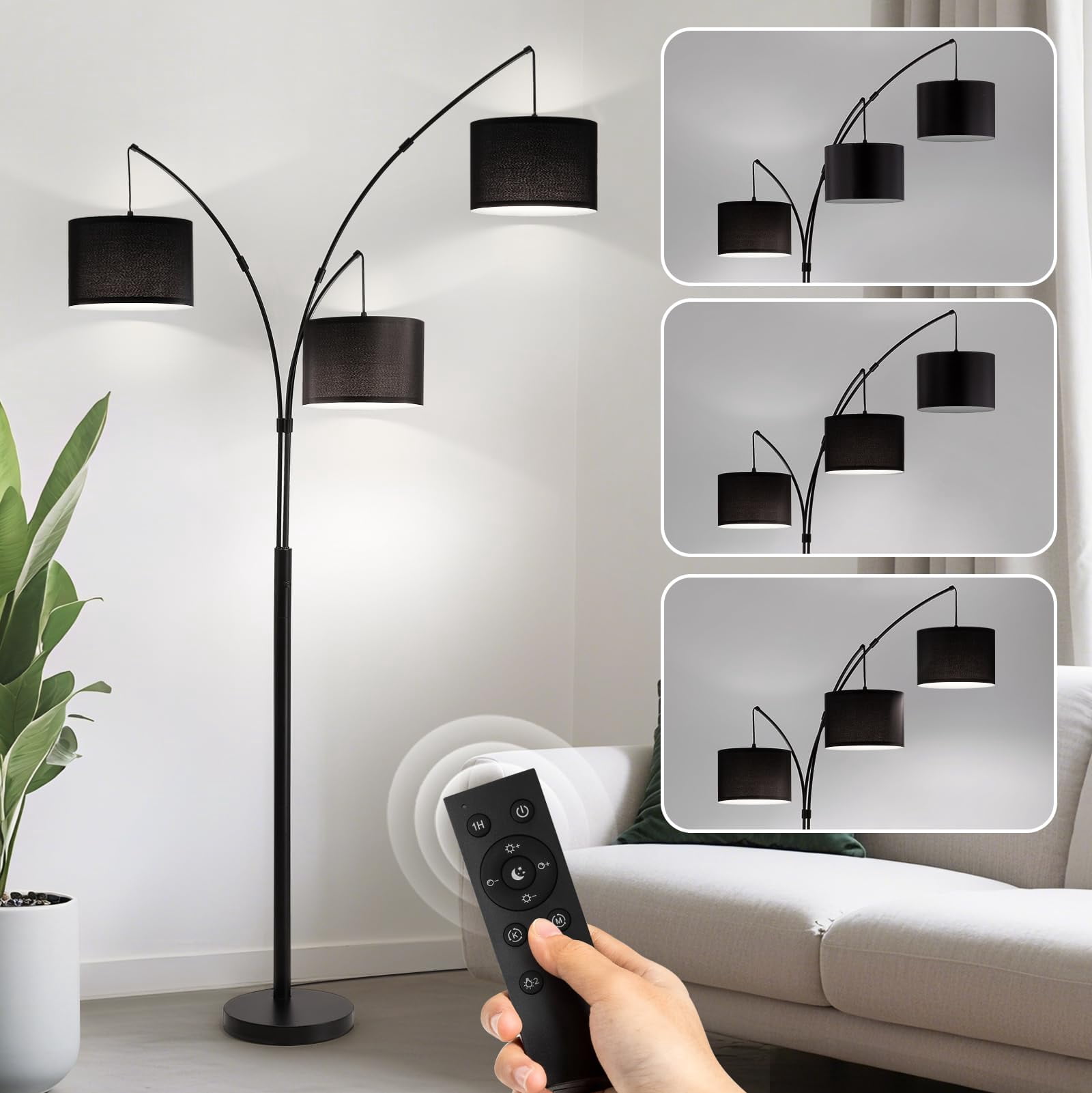 Floor Lamps for Living Room, 2400LM Super Bright Arc Floor Lamp with Remote Control, 3 Light Tall Floor Lamps with Stepless Dimmable, 80" Mid Century Tree Floor Lamp for Bedroom, Office